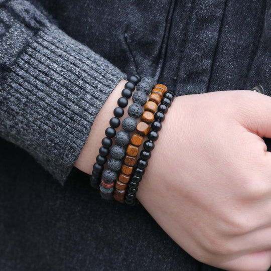 Onyx en Lava Stone Natuursteen Armband | Set van 4 | Wood