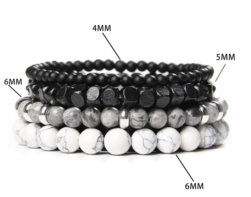 Onyx en Lava Stone Natuursteen Armband | Set van 4 | Zwart/Wit