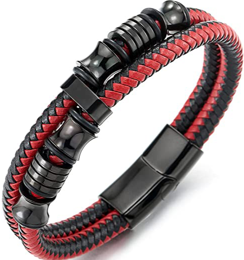 Leren armband heren met RVS, rood | Cadeauplek