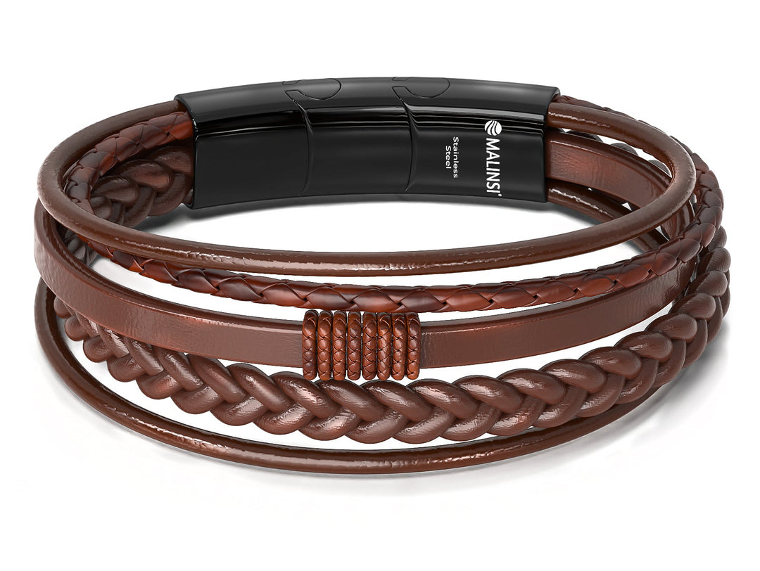 Luxe Armband Heren | RVS en Leer | Bruin Snoeren