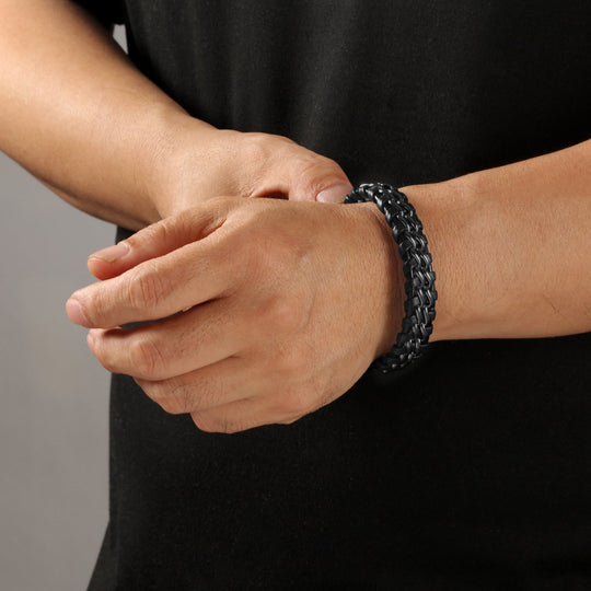 Double Strong Armband | Gevlochten RVS Leer | Zwart