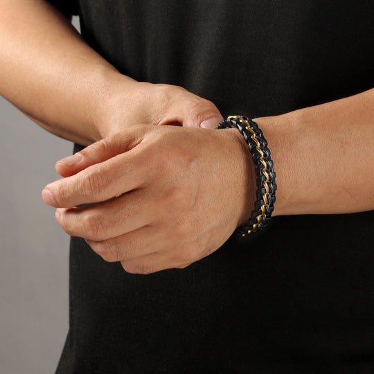 Double Strong Armband | Gevlochten RVS Leer | Zwart/Goud