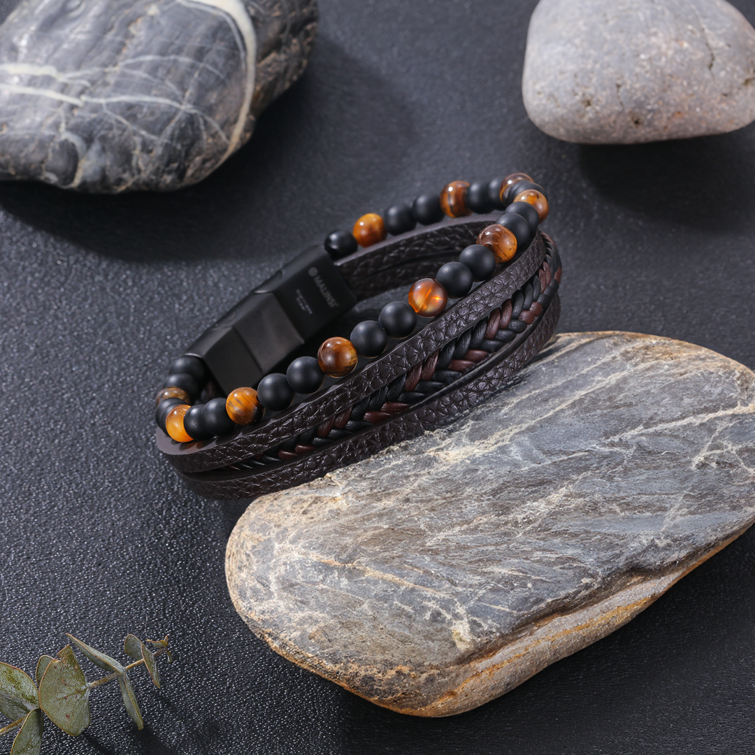 Onyx Stone Leren armband | Bruin Snoeren en RVS