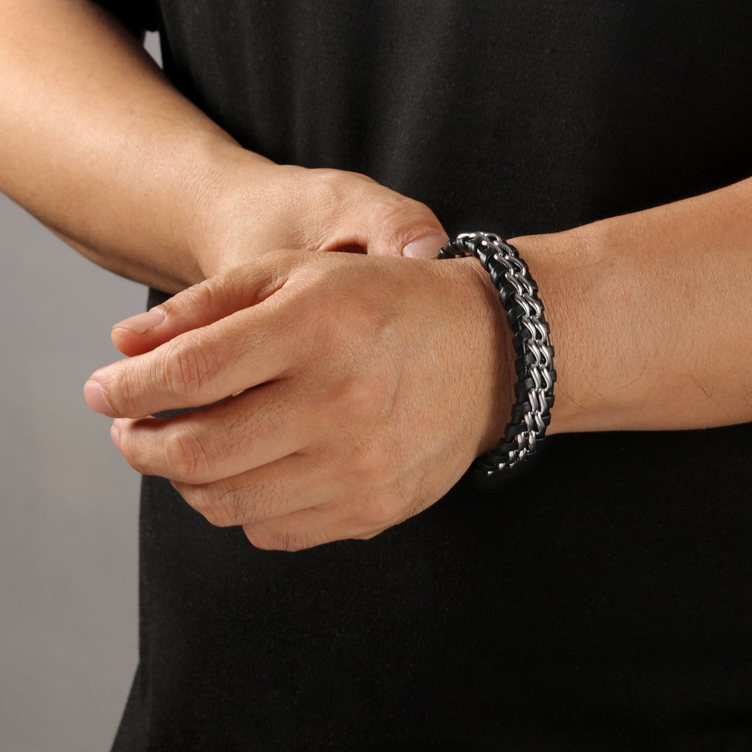 Double Strong Armband | Gevlochten RVS Leer | Zilver