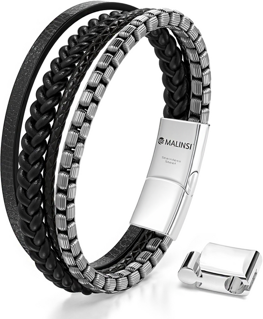 Armband Heren | Zwart Leer met RVS Accenten | Incl Verlengstuk