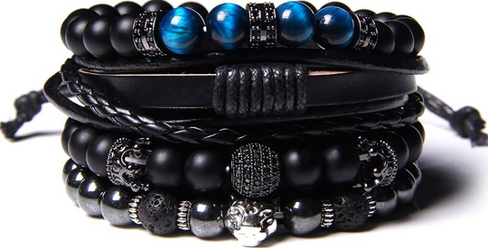 Panther Onyx stone en leer Armband | Set van 4