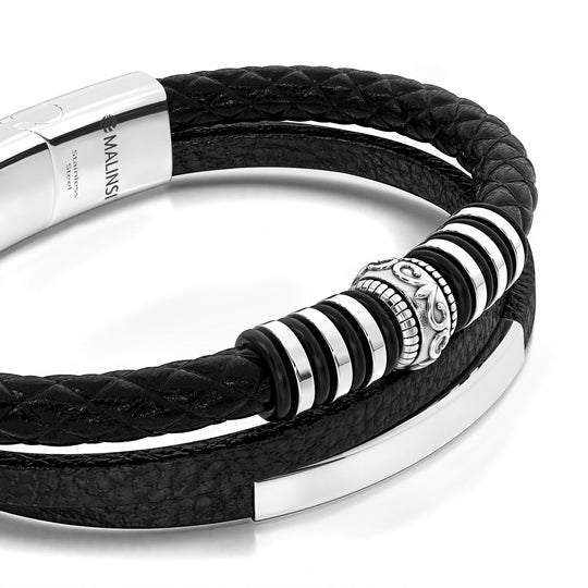 Armband Heren | Zwart Leer met RVS Accenten | Incl Verlengstuk