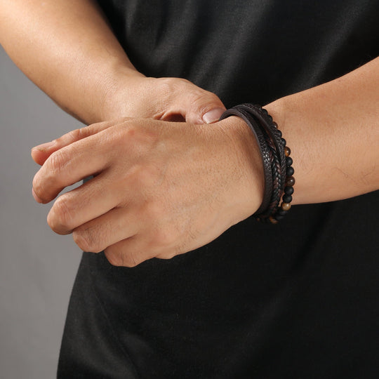 Onyx Stone Leren armband | Bruin Snoeren en RVS