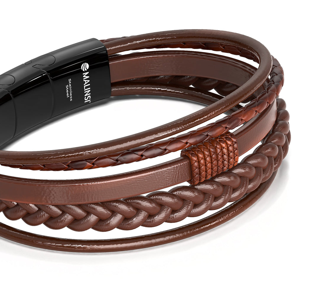 Luxe Armband Heren | RVS en Leer | Bruin Snoeren