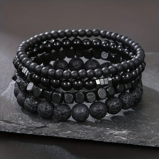 Onyx en Lava Stone Natuursteen Armband | Set van 4 | Zwart