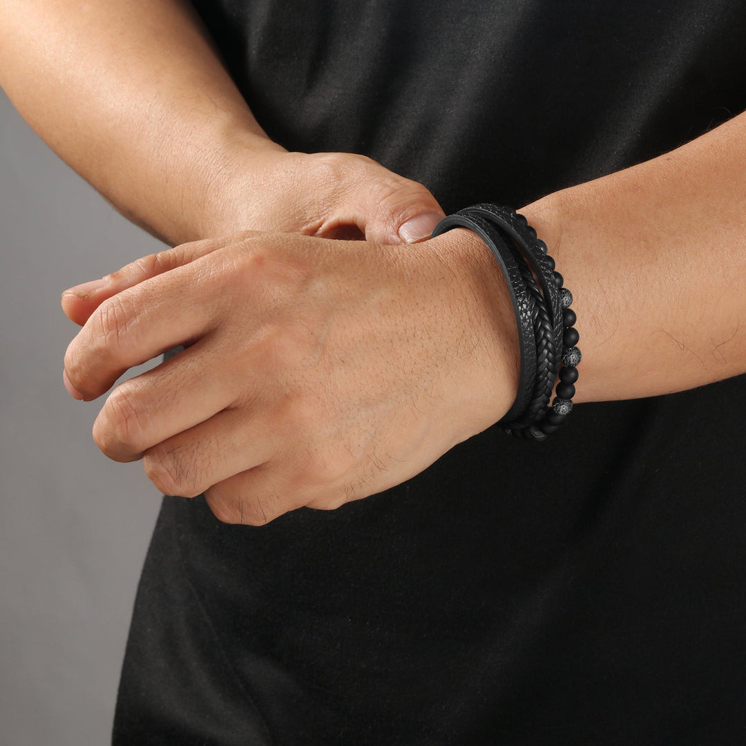 Onyx Stone Leren armband | Zwart Snoeren en RVS