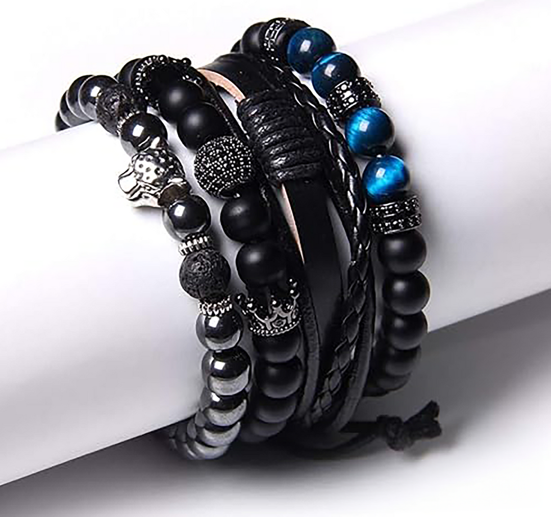 Panther Onyx stone en leer Armband | Set van 4