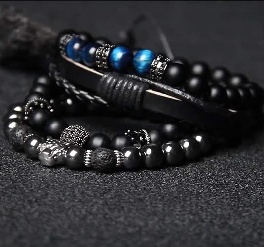 Panther Onyx stone en leer Armband | Set van 4