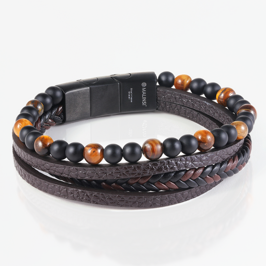 Onyx Stone Leren armband | Bruin Snoeren en RVS