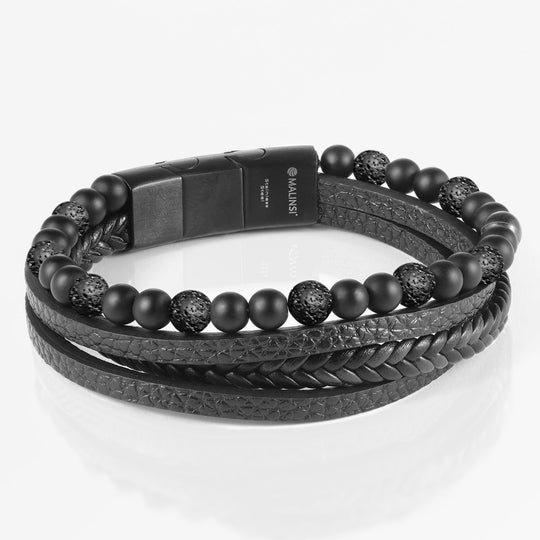 Onyx Stone Leren armband | Zwart Snoeren en RVS