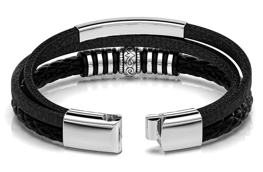 Armband Heren | Zwart Leer met RVS Accenten | Incl Verlengstuk