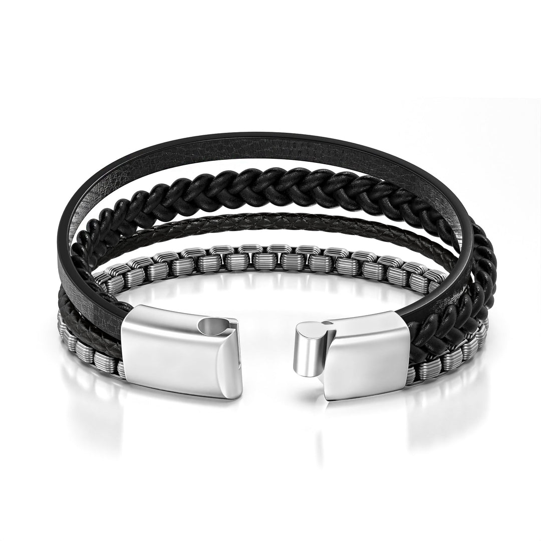 Armband Heren | Zwart Leer met RVS Accenten | Incl Verlengstuk