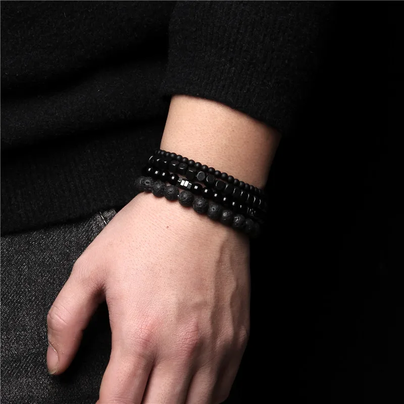 Onyx en Lava Stone Natuursteen Armband | Set van 4 | Zwart