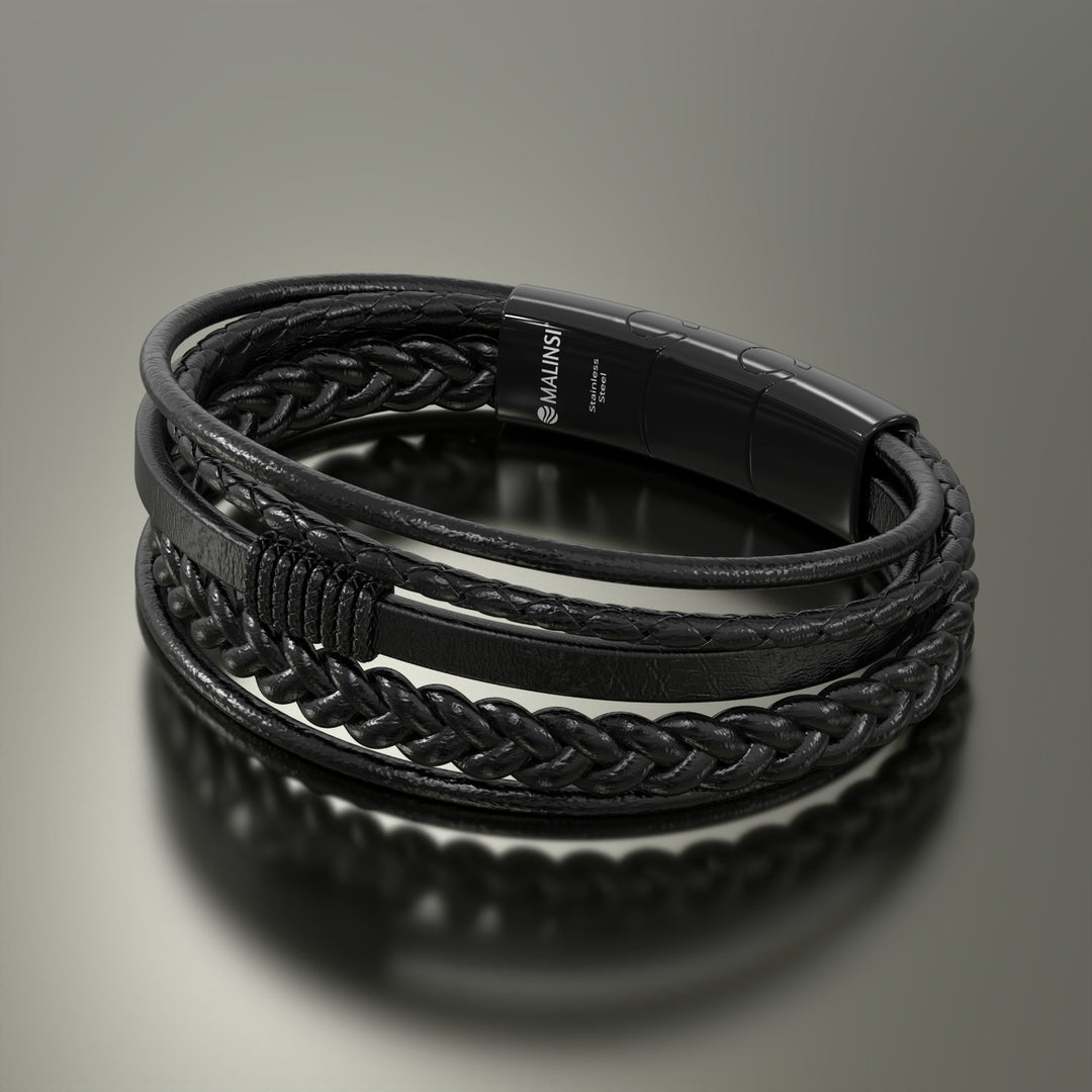 Luxe Armband Heren | RVS en Leer | Zwart Snoeren