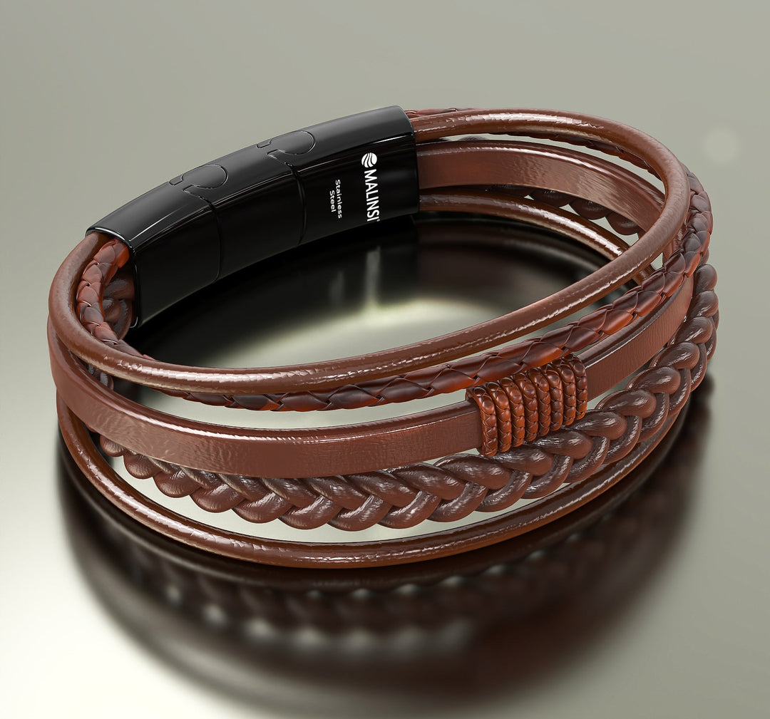 Luxe Armband Heren | RVS en Leer | Bruin Snoeren