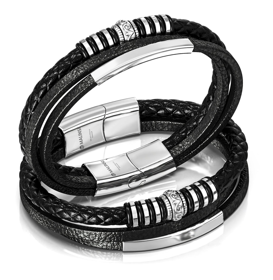 Armband Heren | Zwart Leer met RVS Accenten | Incl Verlengstuk