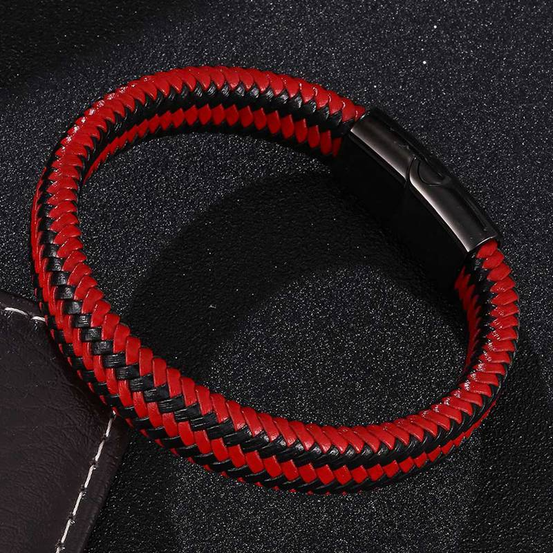 Gevlochten leren armband heren met RVS sluiting, Rood + Zwart | Cadeauplek