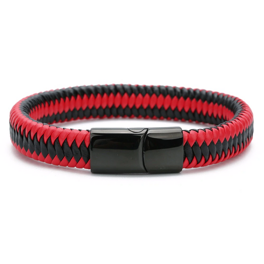 Gevlochten leren armband heren met RVS sluiting, Rood + Zwart | Cadeauplek