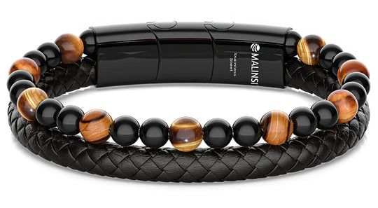 Armband Heren | Leer en RVS | Kralensteen