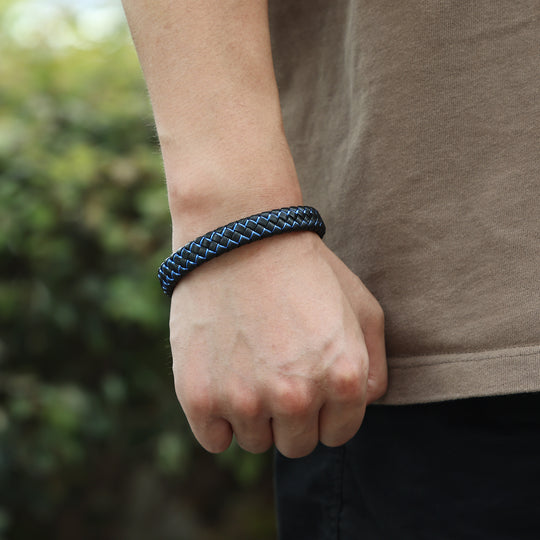 Armband Heren Leer | Gevlochten | Blauw Zwart Effect