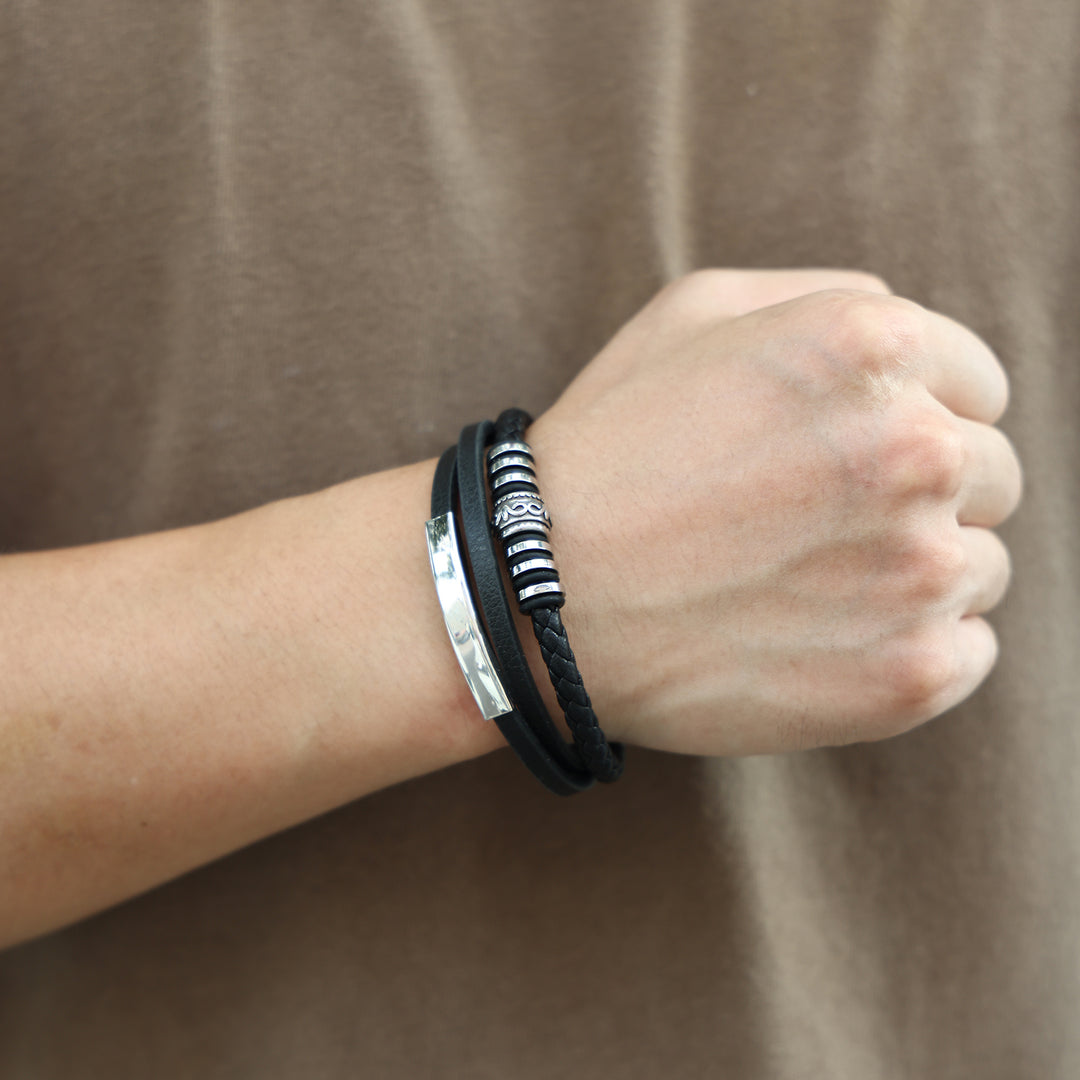 Armband Heren | Zwart Leer met RVS Accenten | Incl Verlengstuk