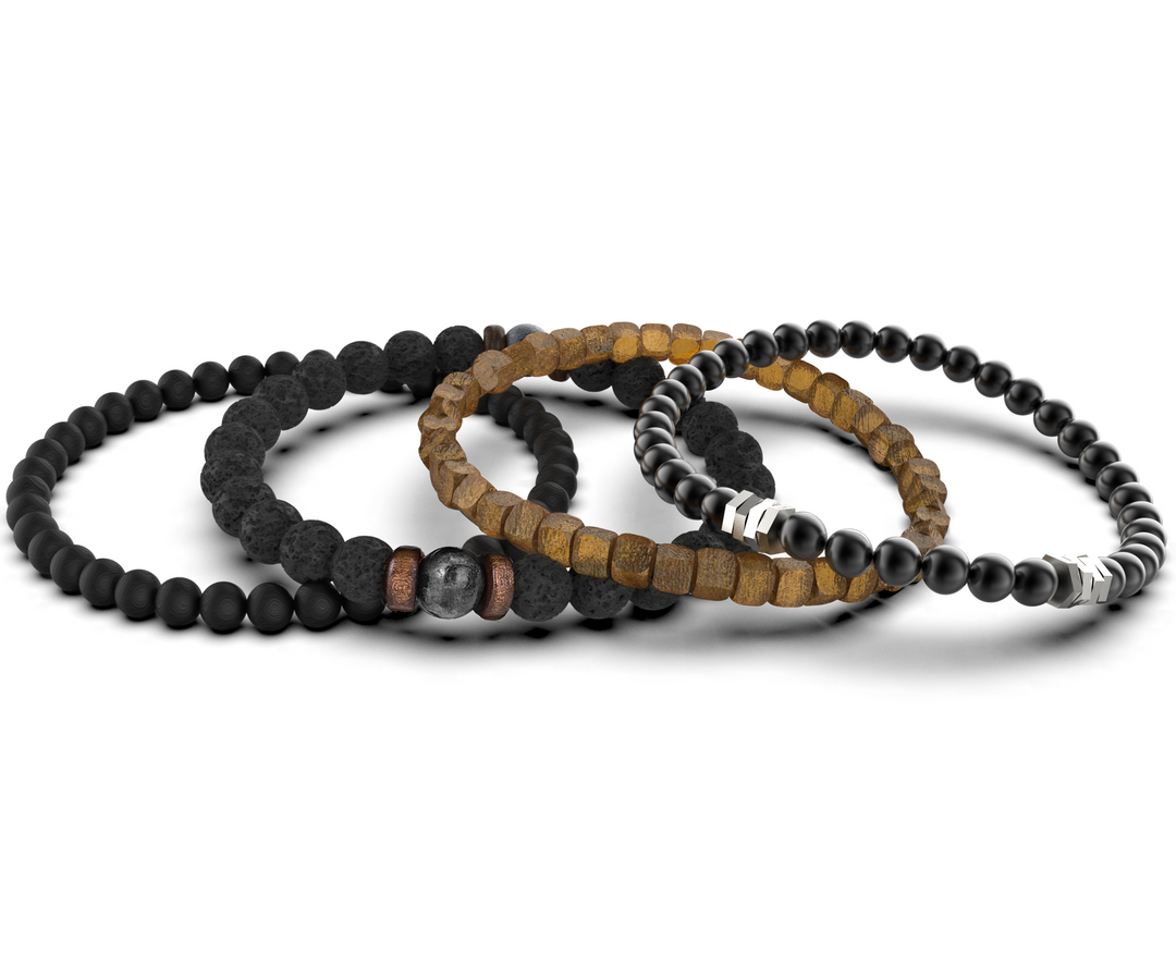 Onyx en Lava Stone Natuursteen Armband | Set van 4 | Wood