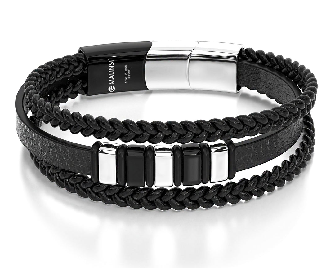 Armband Heren | Zwart Leer met RVS Accenten | Incl Verlengstuk