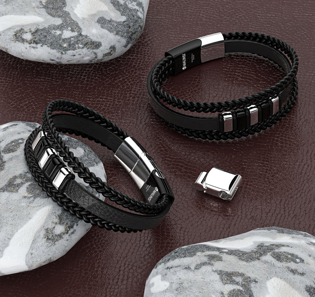 Armband Heren | Zwart Leer met RVS Accenten | Incl Verlengstuk