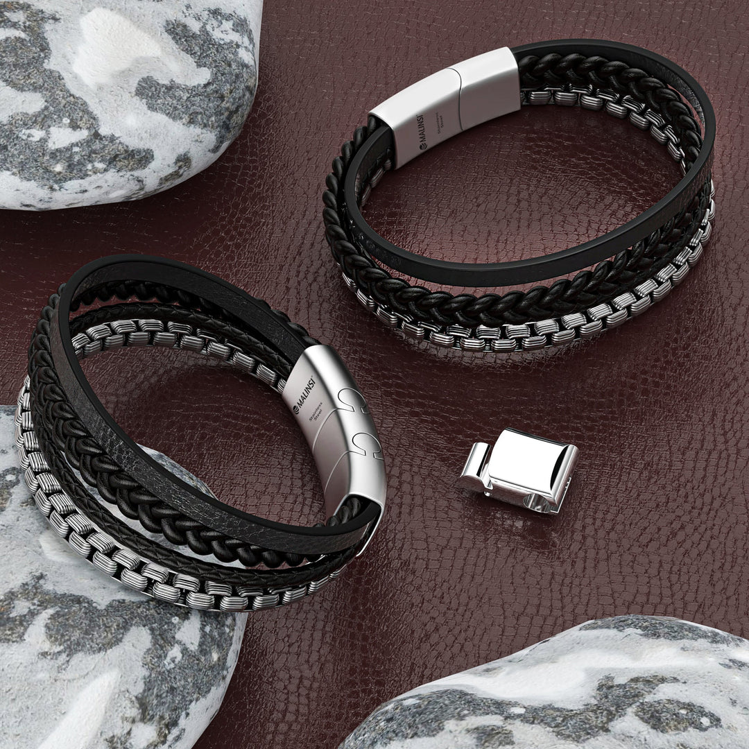 Armband Heren | Zwart Leer met RVS Accenten | Incl Verlengstuk