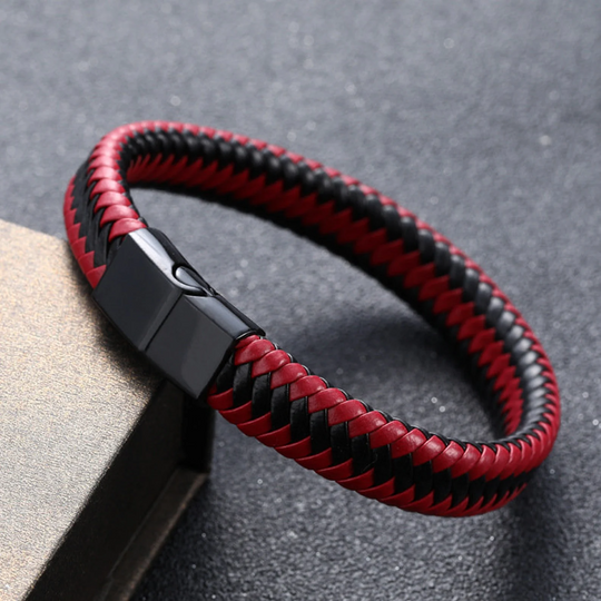 Gevlochten leren armband heren met RVS sluiting, Rood + Zwart | Cadeauplek