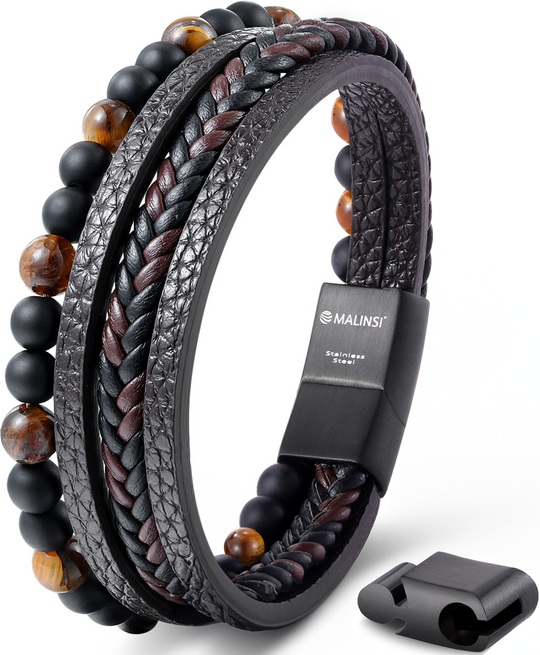 Onyx Stone Leren armband | Bruin Snoeren en RVS